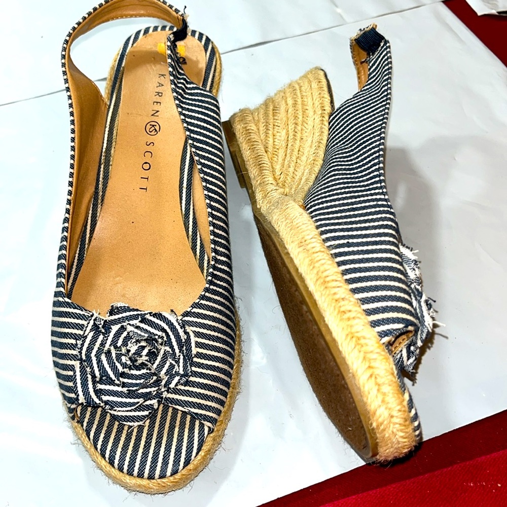 Karen Scott blue WHITE STRIPED canvas wedge SANDALS Espadrilles size 9.5 women’s